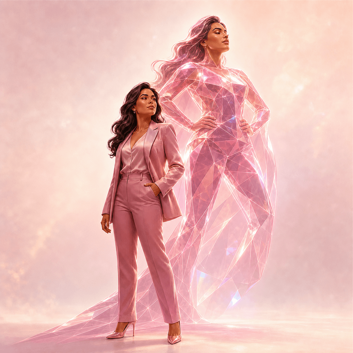 Entrepreneur facing a luminous future self formed from diamond facets