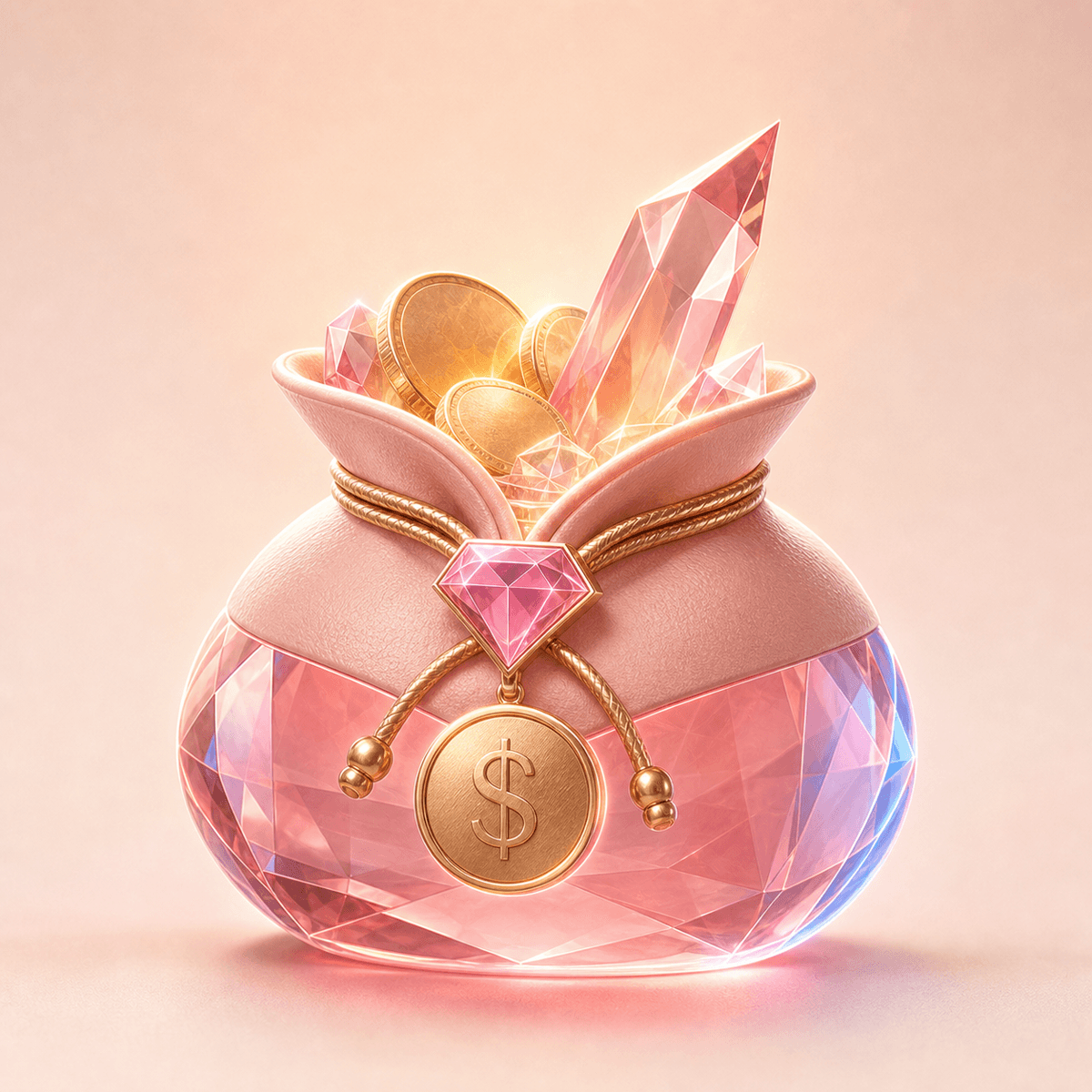 Recipiente dimensional color rosa con una moneda y una luz suave en forma de diamante