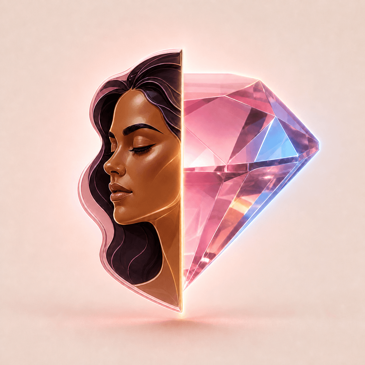 Conceptual portrait of a Latina woman joined with a pink diamond