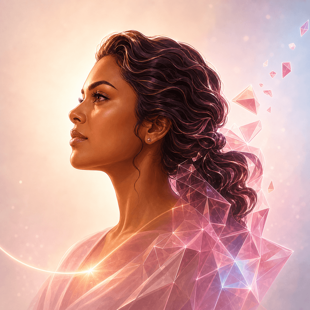 Profile portrait of a woman gradually transforming into pink crystal facets