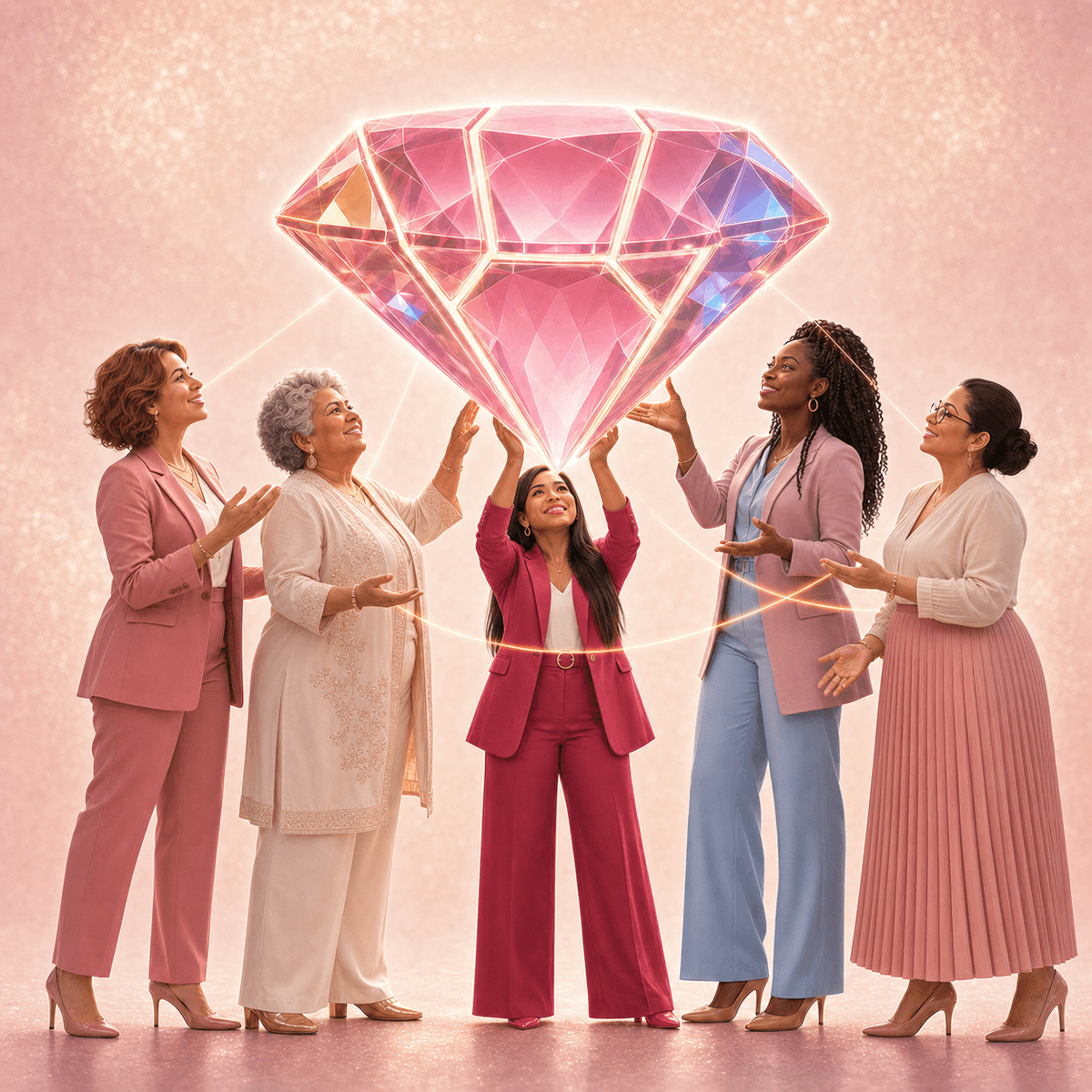 Diverse group of Latina entrepreneurs building a luminous pink diamond together