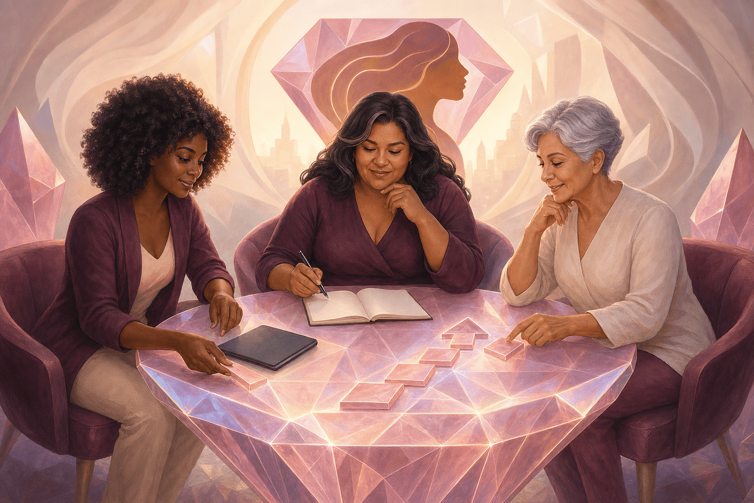 Illustration of three Latina entrepreneurs learning together around a diamond table