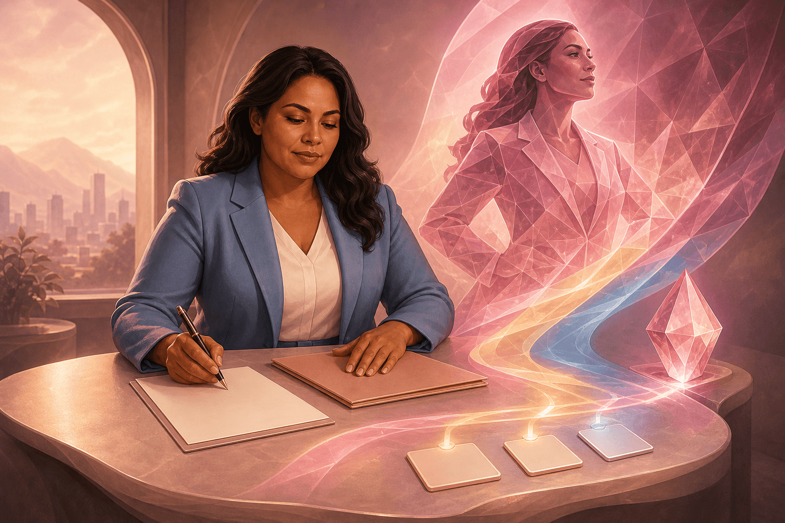 Illustration of a Latina entrepreneur organizing a funding path toward her future