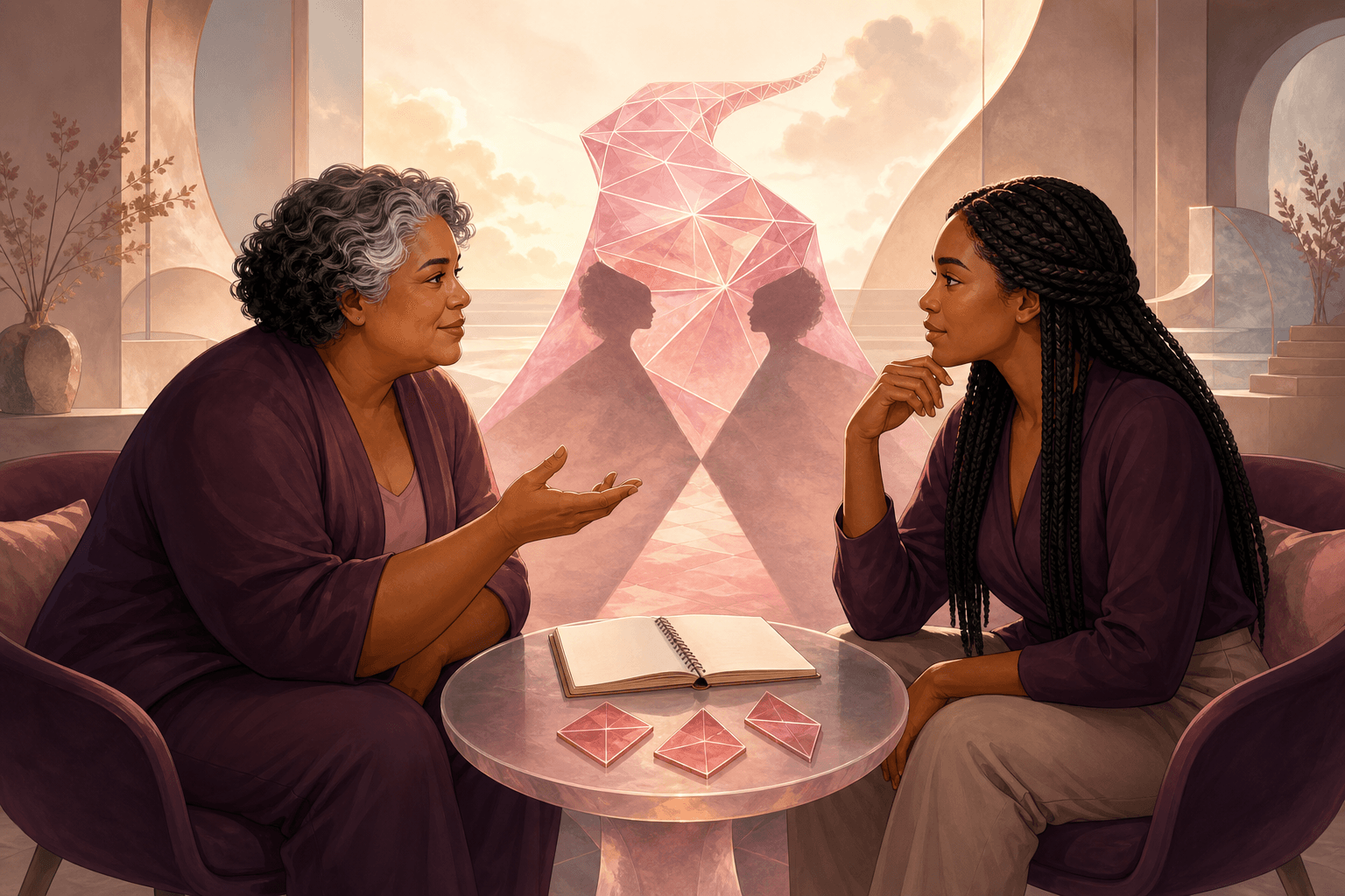 Illustration of a Latina mentor and entrepreneur connected by a bridge of light