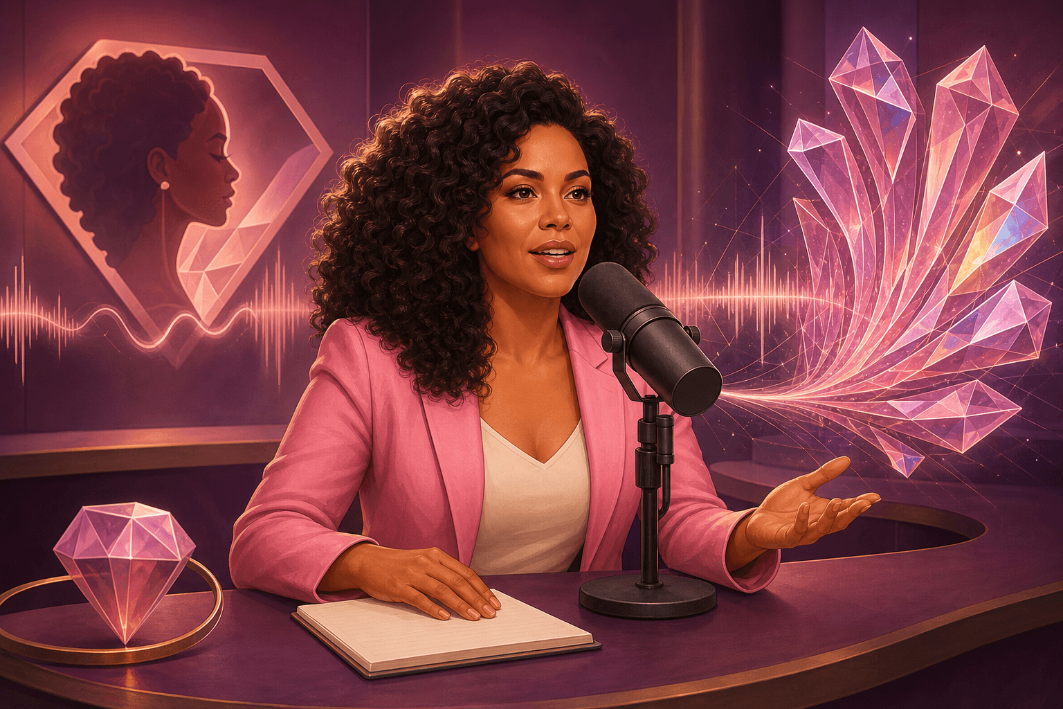 Illustration of an Afro-Latina host whose voice transforms into diamond facets