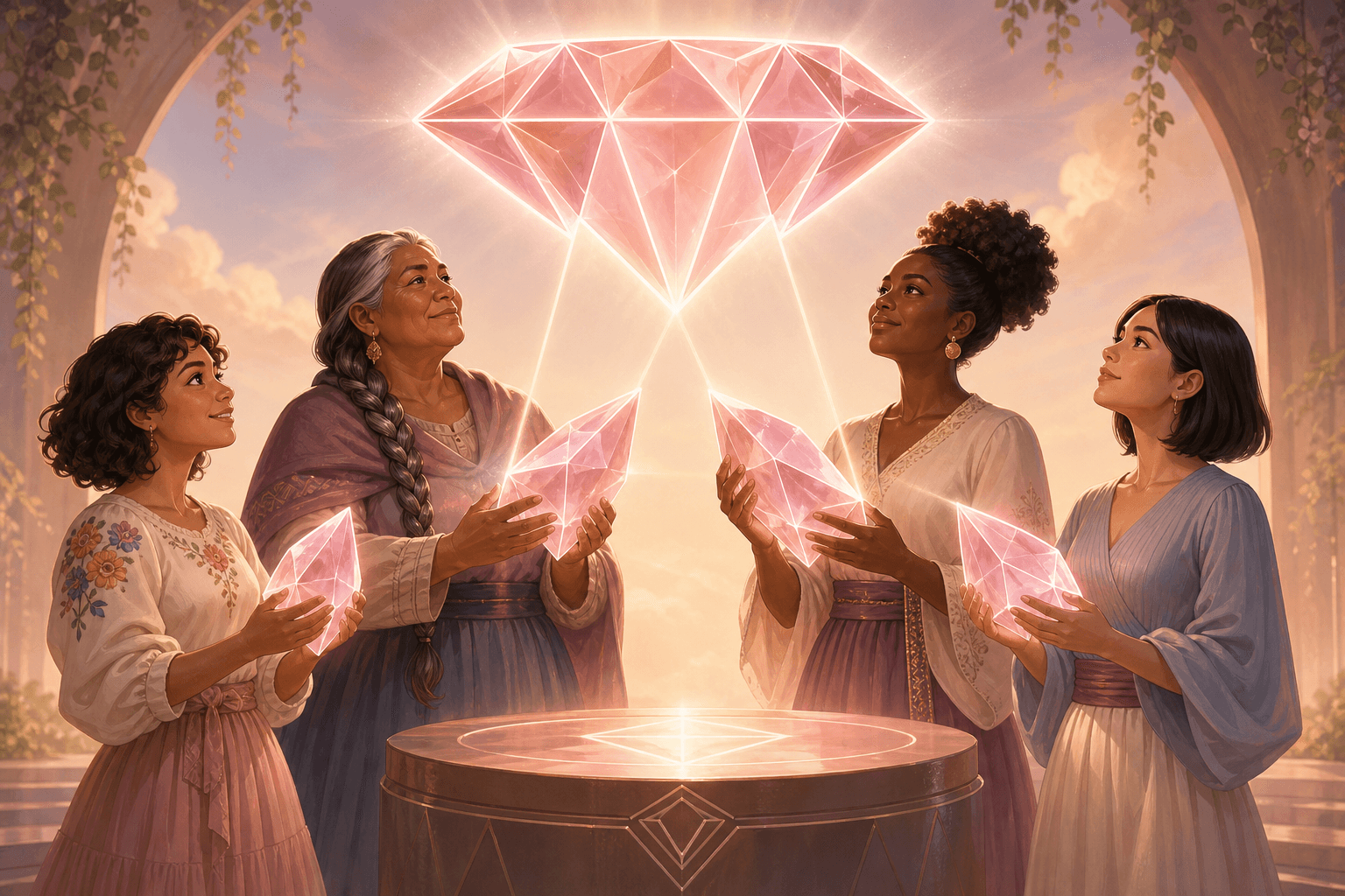 Illustration of four Latina women contributing facets to a shared diamond